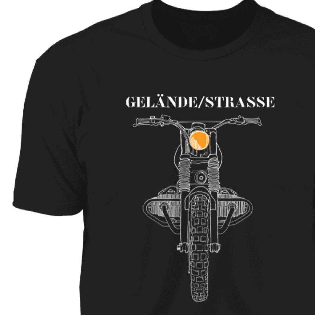T-shirt with front view of BMW GS adventure motorcycle and its classic Airhead boxer engine. It's a favorite among motorcycle fans. Design features a hand-drawn sketch showing the engine, tire, handle bars and a bright yellow headlight. Image shows design on Black cotton T-shirt. From Cannonball Adventure. Free Shipping!
