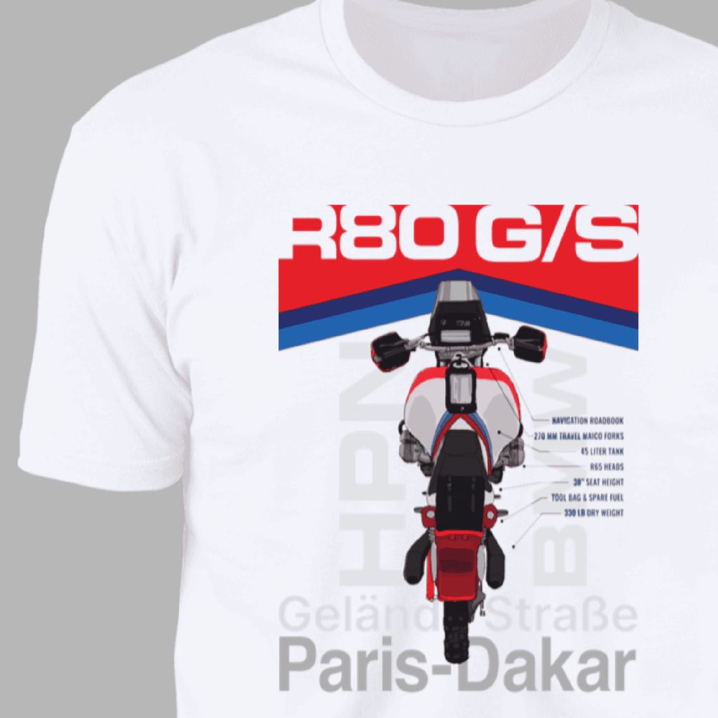 BMW R80GS, Motorcycle Specs T-shirt, Vintage '80s HPN Dakar, Hand-drawn