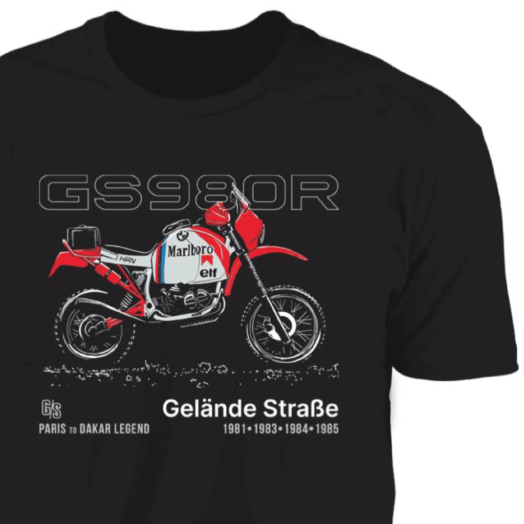 BMW GS980R, rally Motorcycle T-shirt, Paris to Dakar Legend, HPN Marlboro