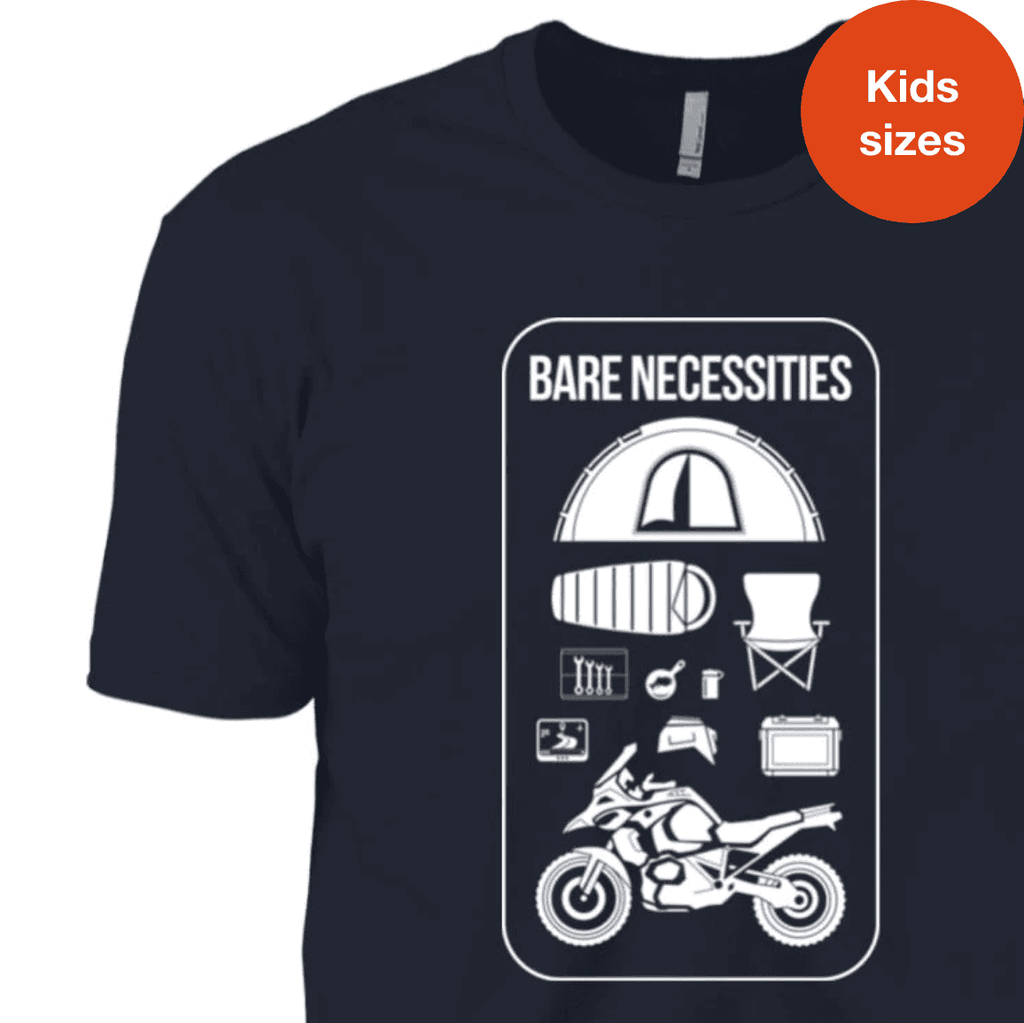 Bare Necessities, Kids T-shirt, Adventure Moto, Camping Gear, Icons