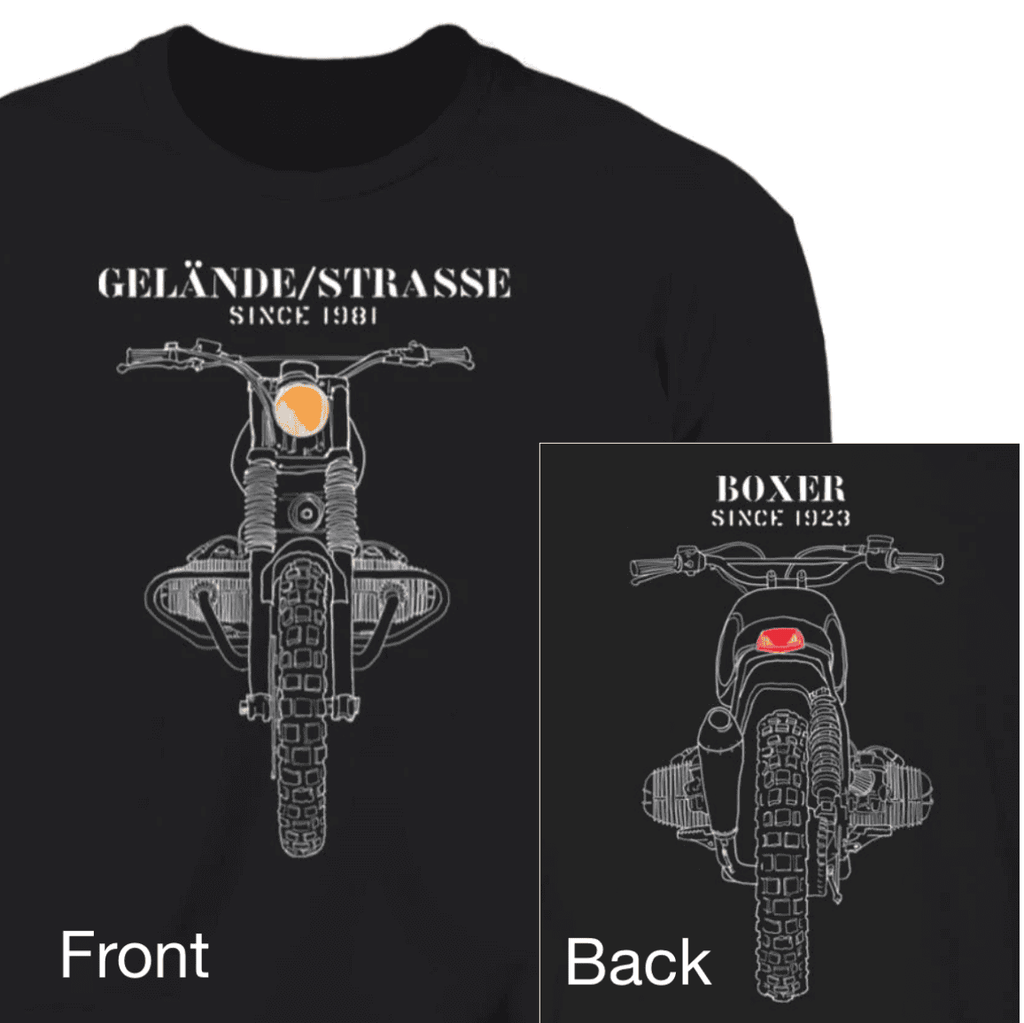 Image of both front and back of BMW adventure motorcycle t-shirt with 2 hand-drawn sketches of the classic airhead boxer engine. (This is Short Sleeve; also in Long Sleeve). White sketch on navy blue t-shirt with front headlight in yellow and tail light in red. Front view shows moto coming towards you, with Back view of moto on the shirt back.